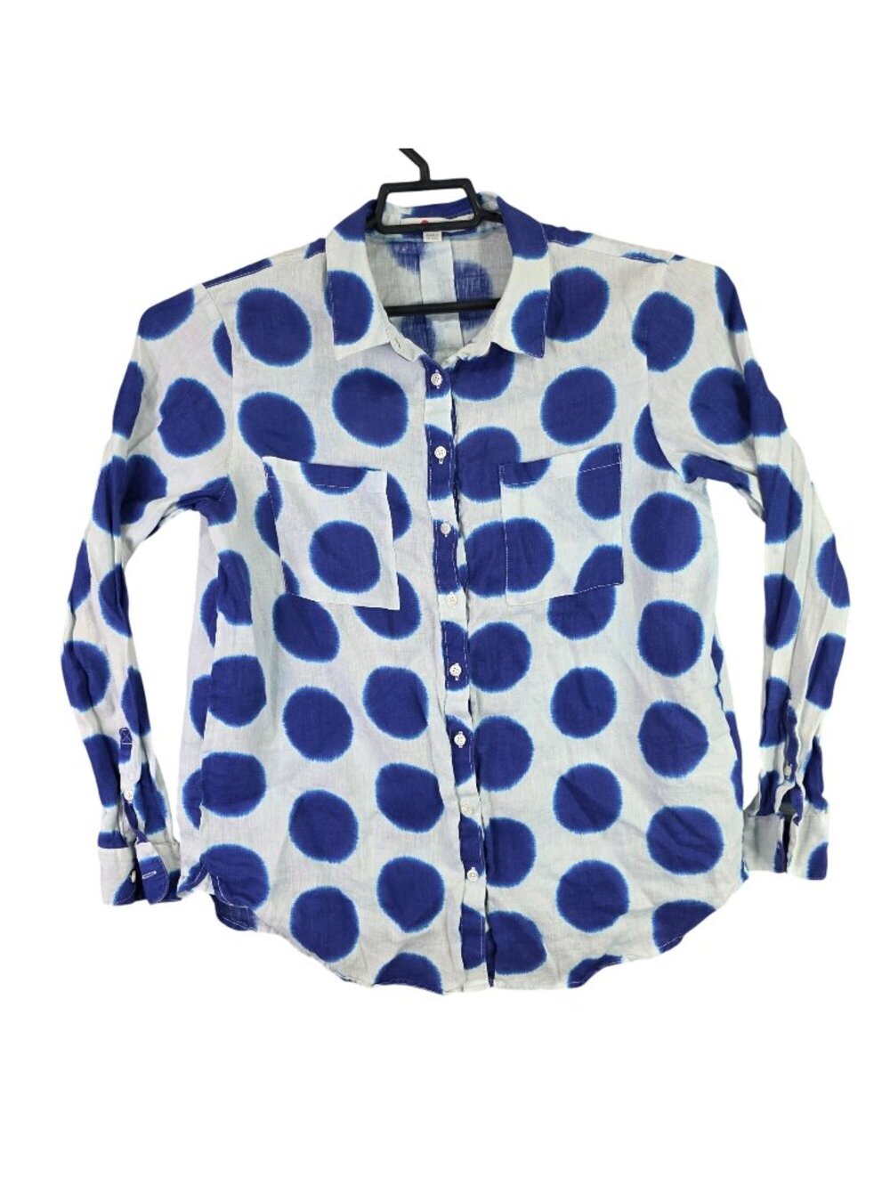 Womens Boden Blue & White Polka Dot 100% Linen Button-Up Shirt Long Sleeve 12R
